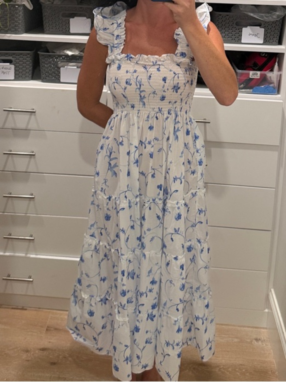 Hill House Nap dress in White with Blue Floral Print